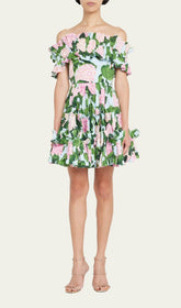 FLORAL-PRINT RUFFLE MINI DRESS IN OLIVE